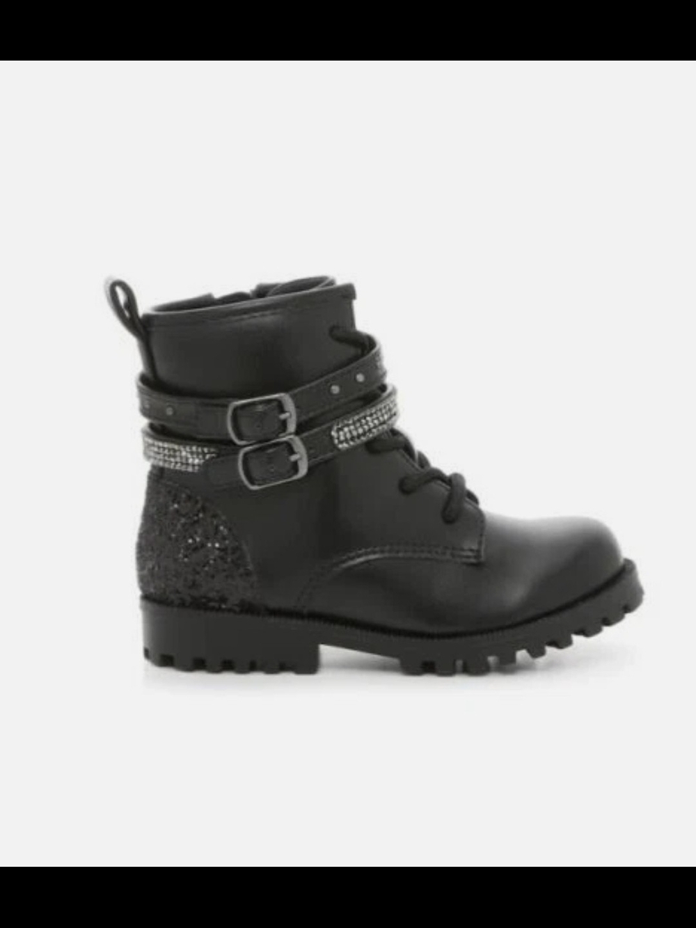 Mix No. 6 Toddler Girls Blk Combat Boots with Glitter Heel and Buckle Straps 5M